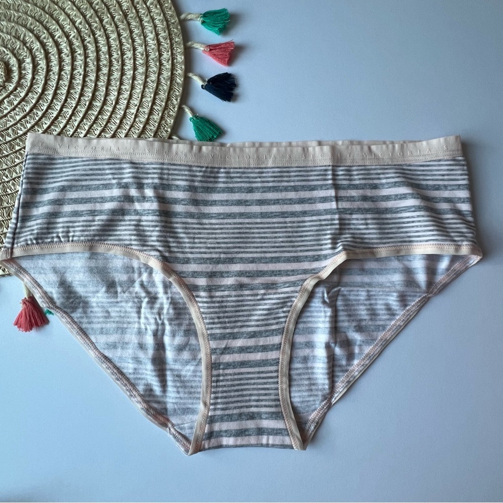 Victoria's Secret Stretch Cotton Hiphugger Panty Pink & Grey Stripes Large NEW